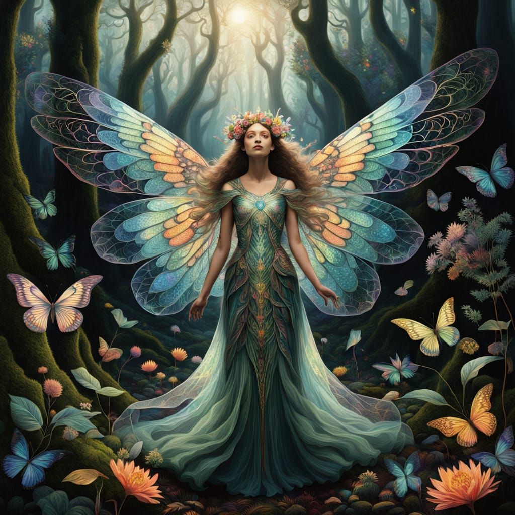 Ethereal Goddess Unfurls in Dreamlike Forest Scene