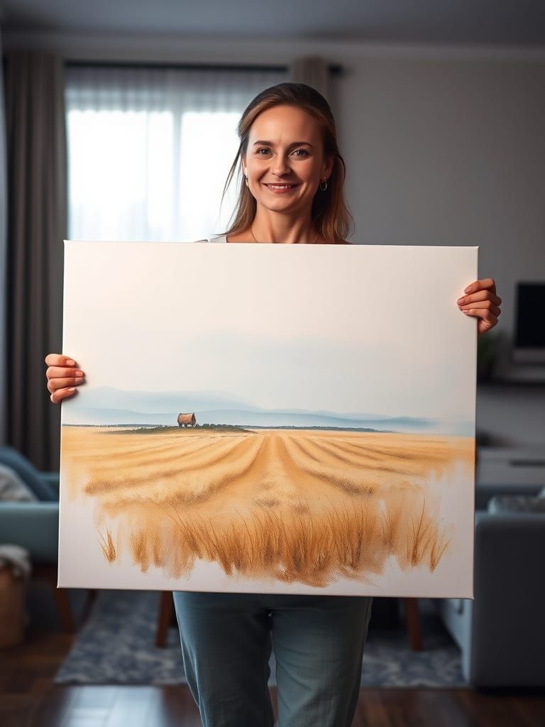 Woman in Cozy Home Studio with Canvas and Scenic View