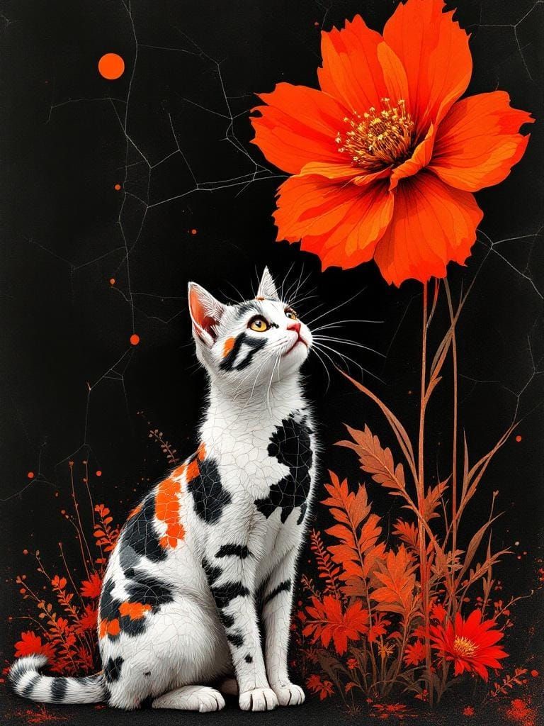 Cat Under Flower in Bold Geometric Xerox Art