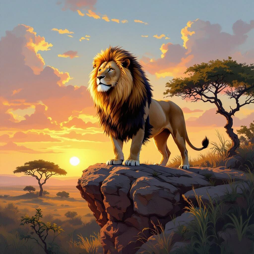 Lion on Rocky Cliff at Sunset, Impressionistic Style