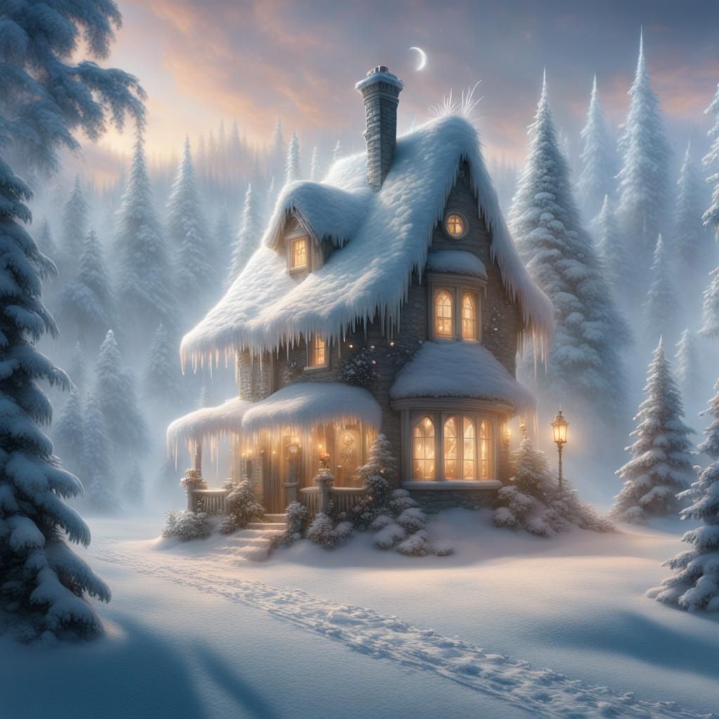 Levitating Wizard Cottage in Snowy Landscape
