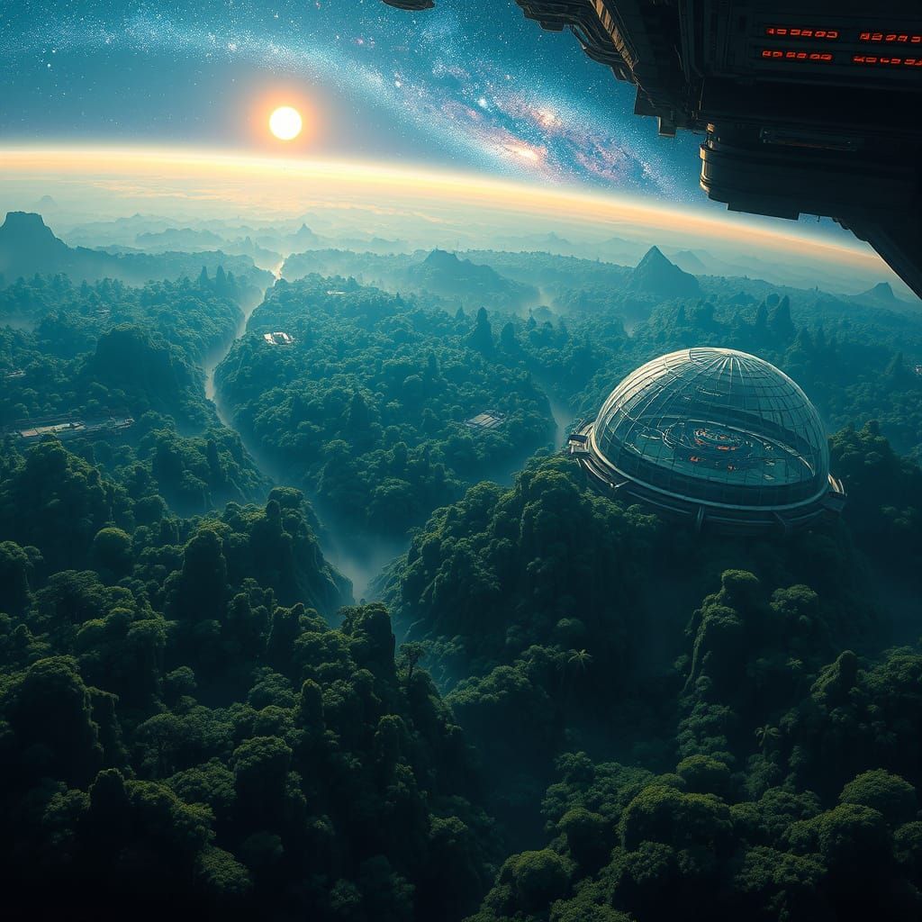 Vast Biodomes on Space Station Under Galactic Sky