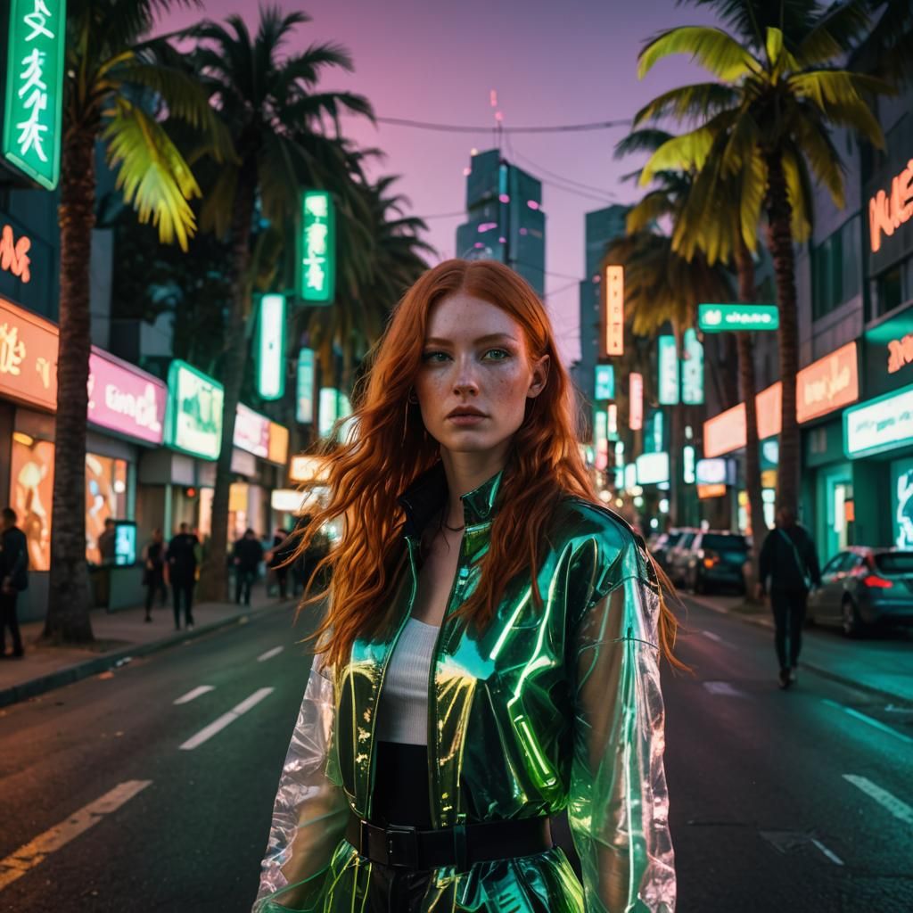 Cyberpunk Redhead in Neon Cityscape Photography