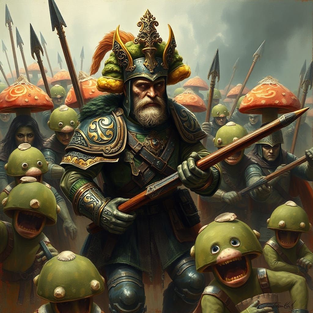 Broccoli Commander Leads Mushroom Army: Oil Painting Battle