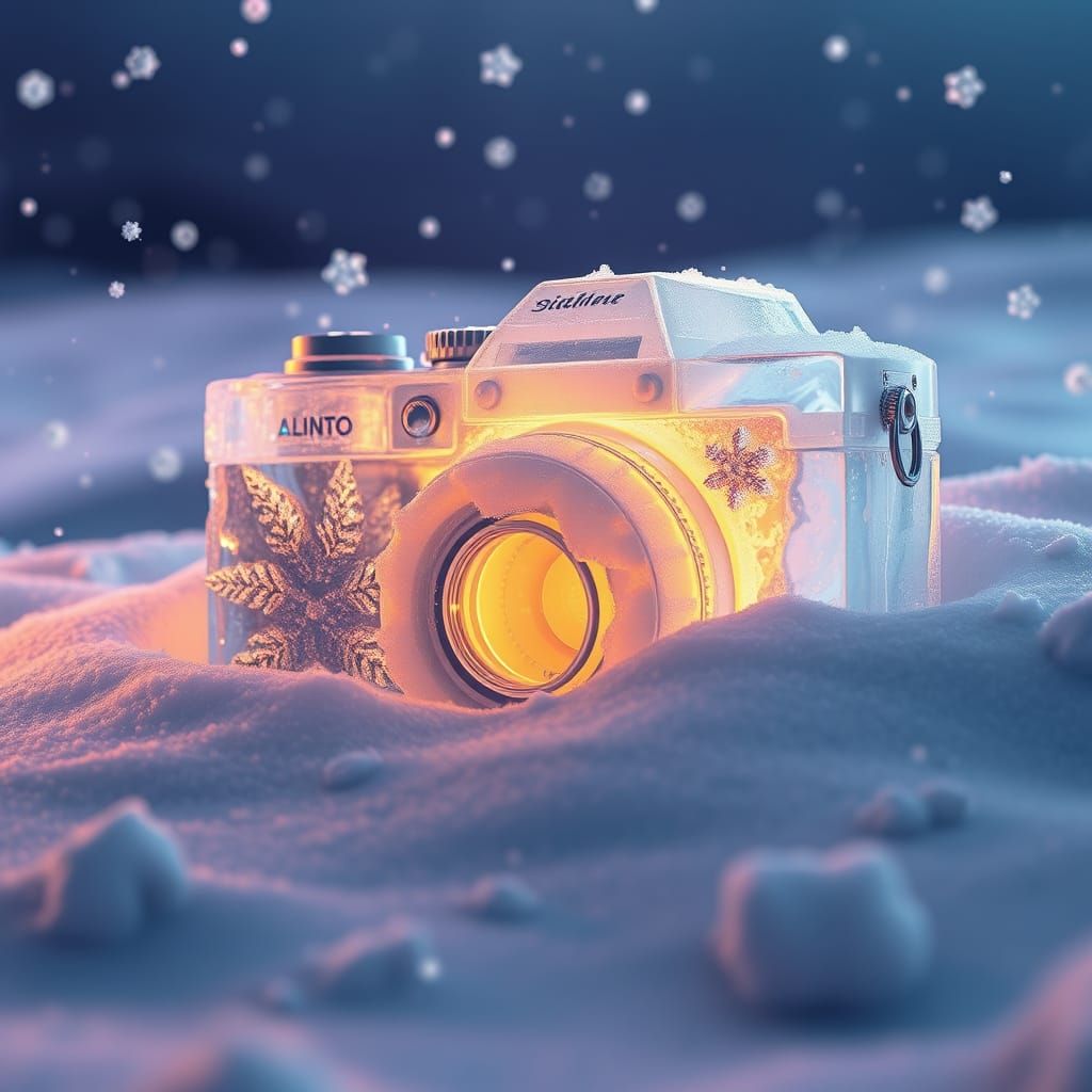 Intricately Carved Ice Camera in Winter Wonderland