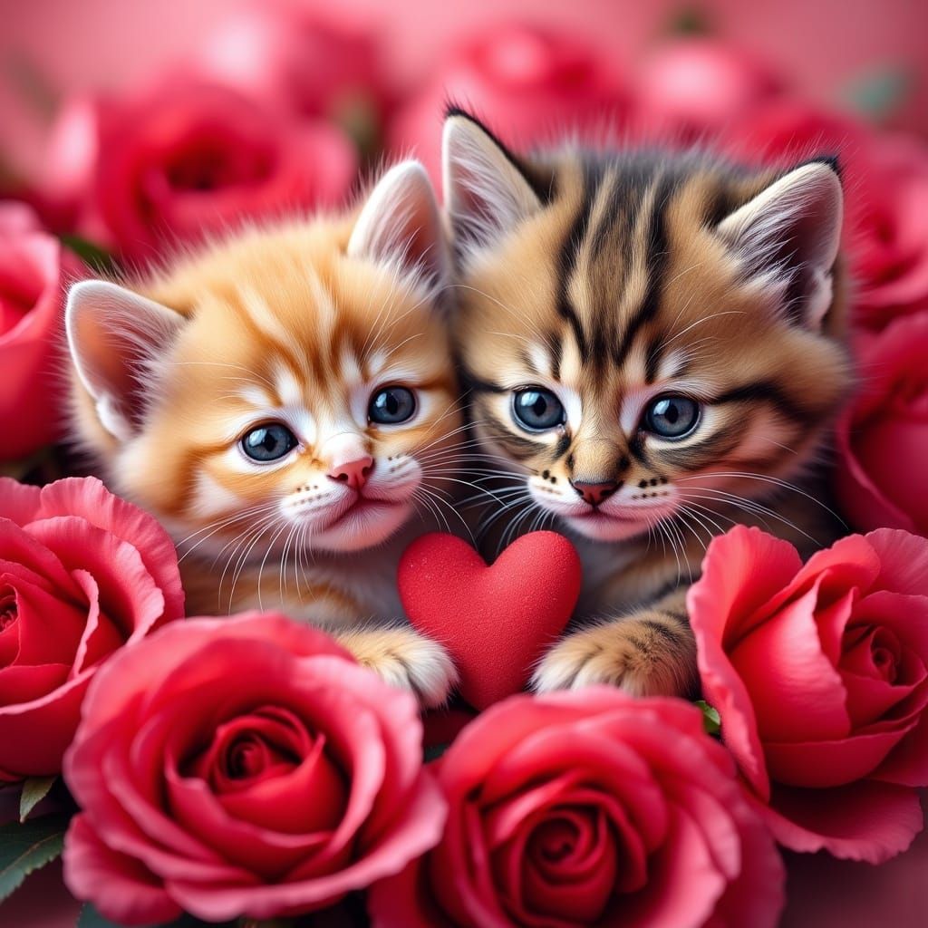 Whimsical Valentine Kittens in a Floral Wonderland