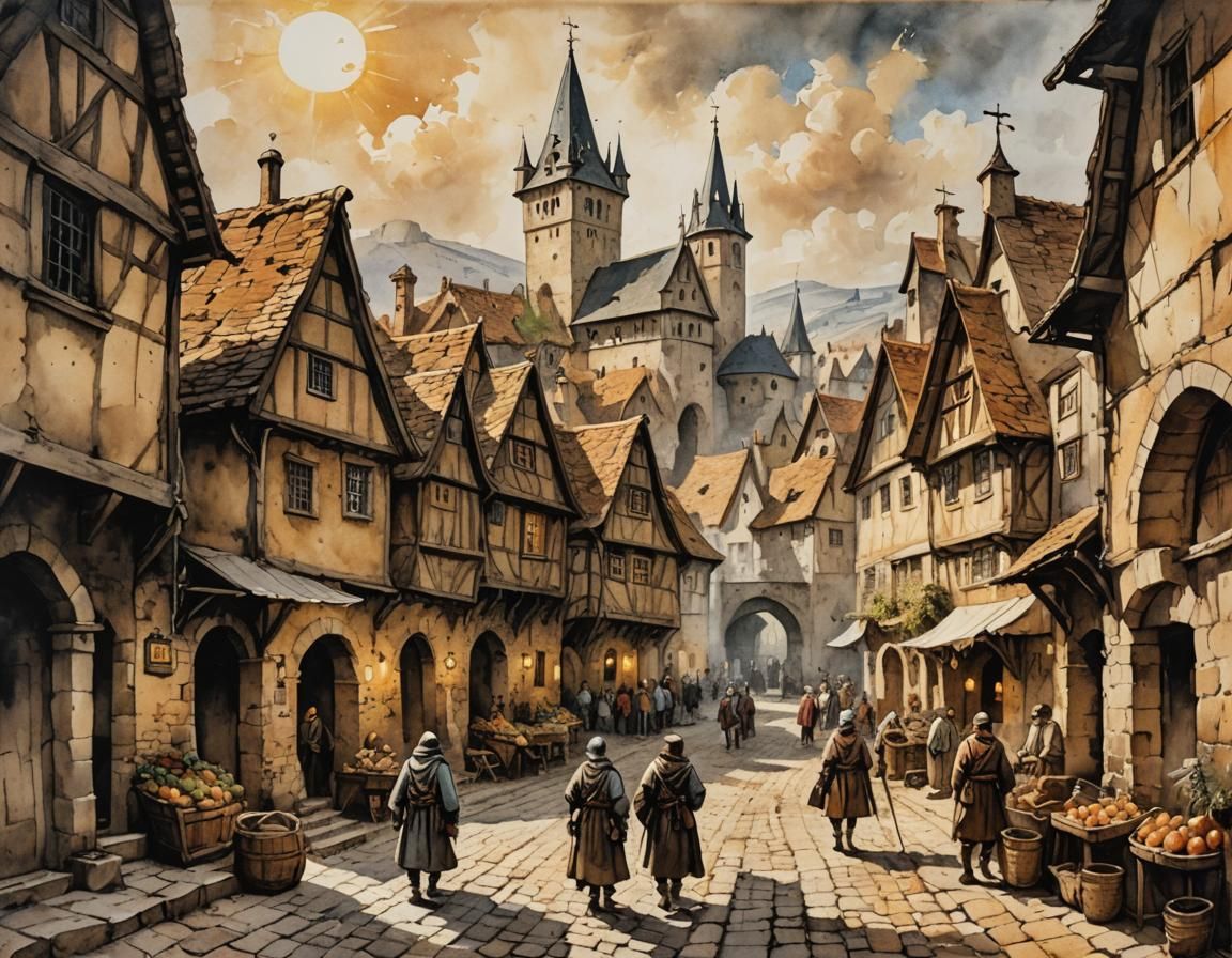 medieval village street scene