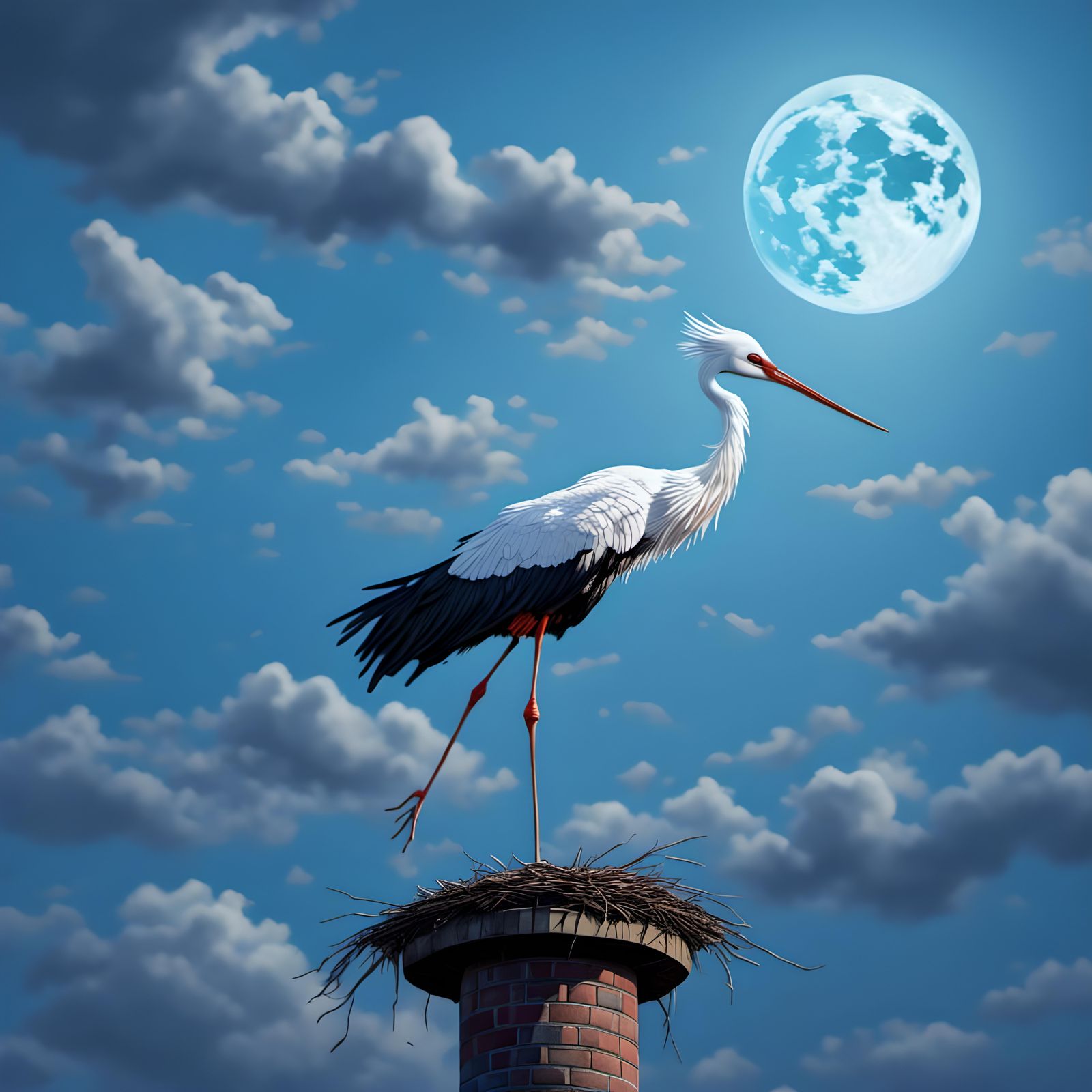 Stork and Moon Alignment in Whimsical Scene