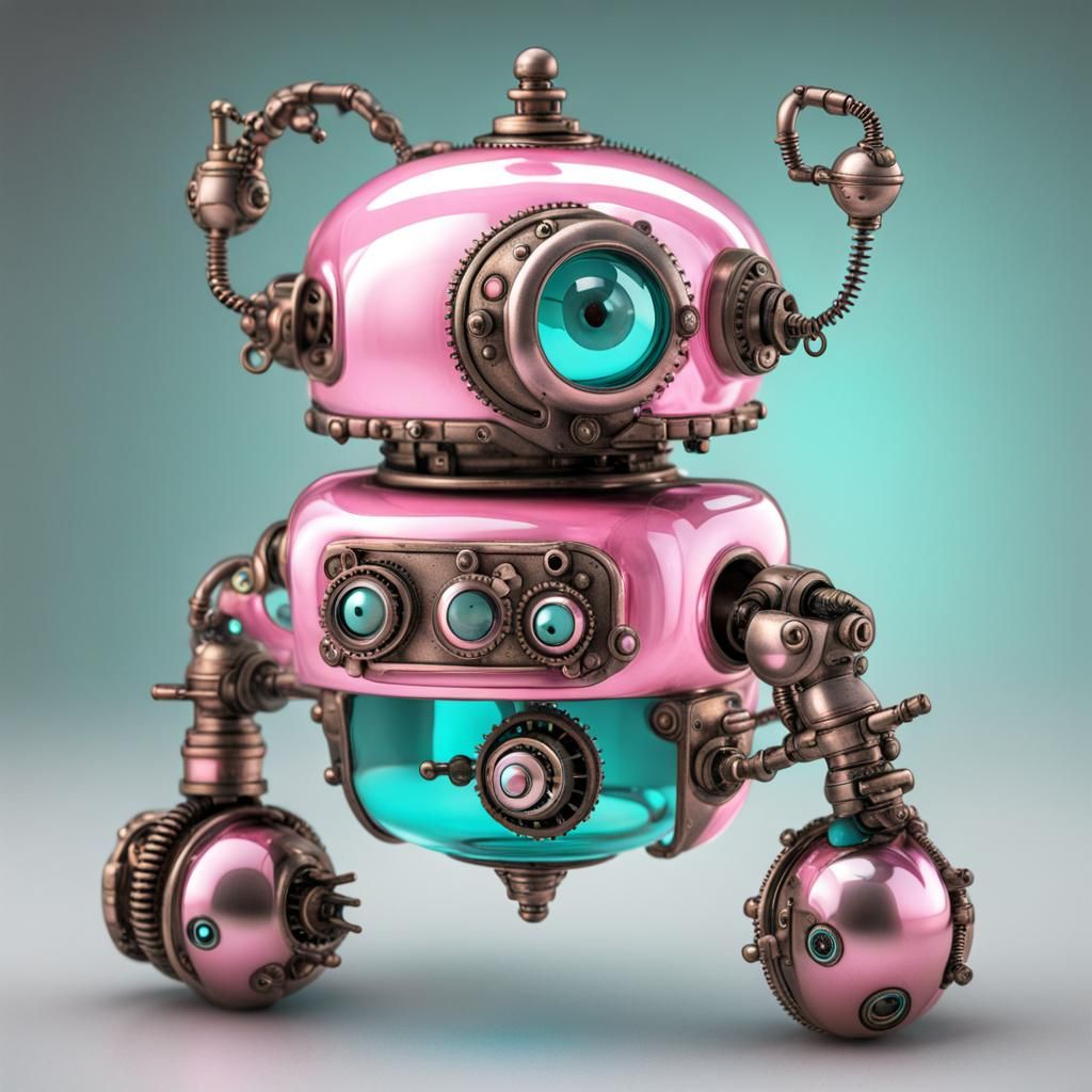 Cute Steampunk Robot with Blown Glass Eyes
