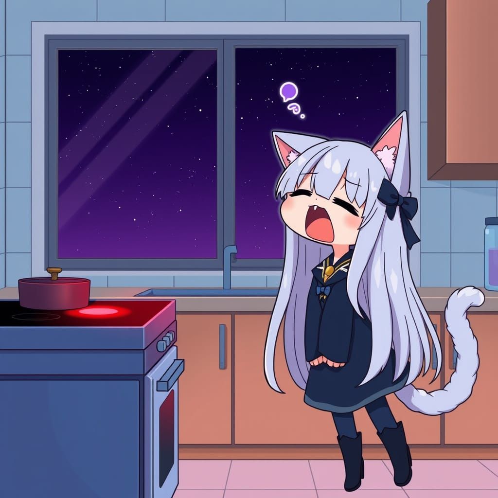 Synthwave Anime Catgirl Surprised by Sleepiness in the Kitch...