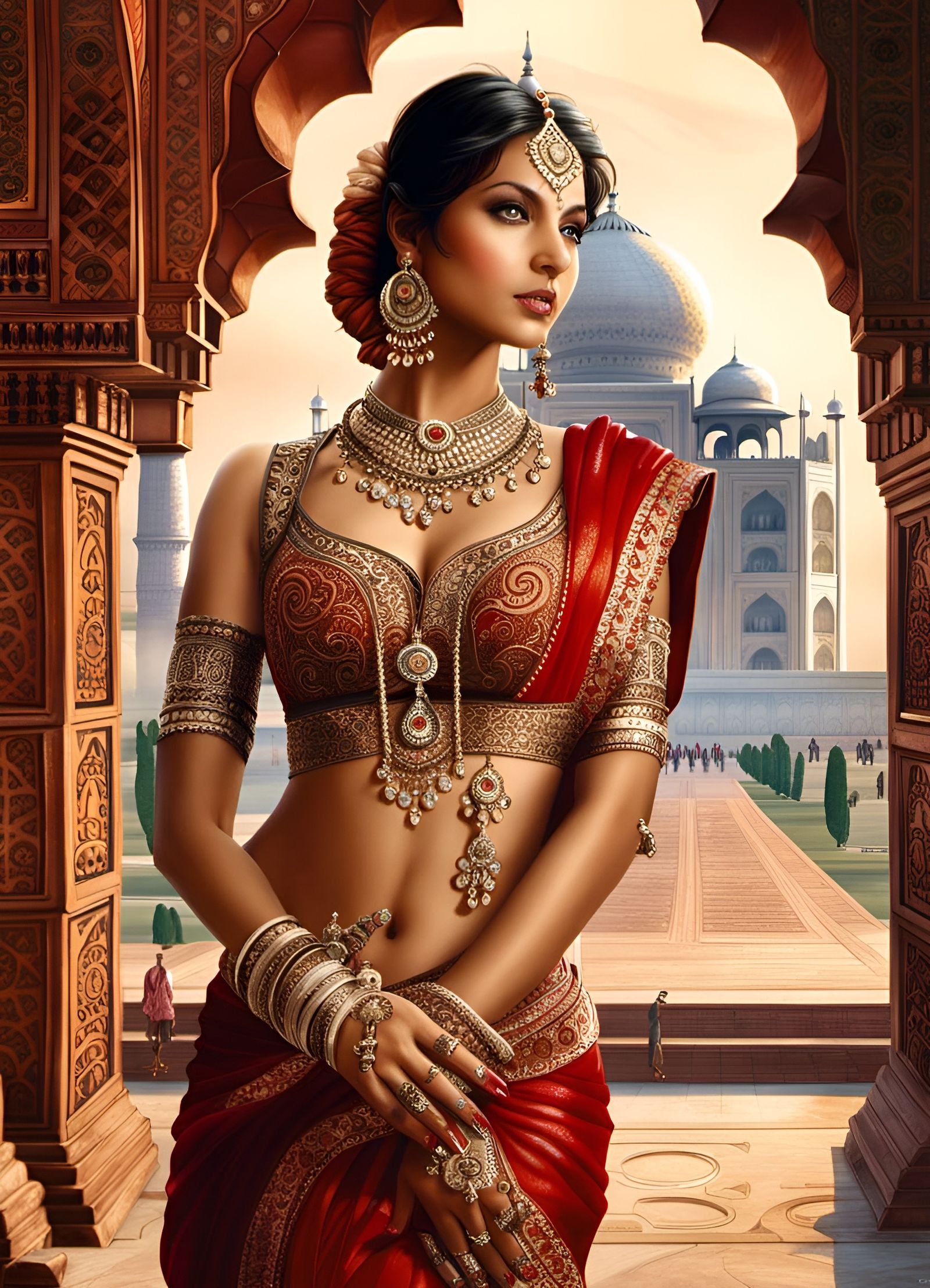 Indian Woman in Front of Taj Mahal, Hyperrealistic Art