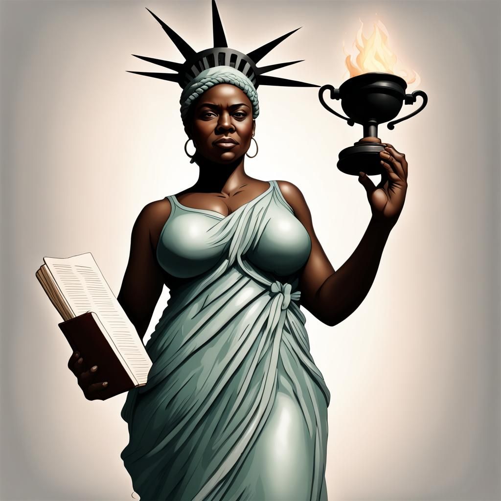 Realistic full-body image of a beautiful curvythick African-American statue of liberty woman with braids standing on Sta...