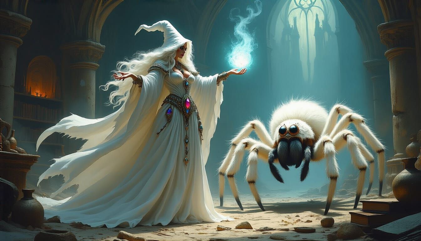 Majestic White Witch and Spider Companion