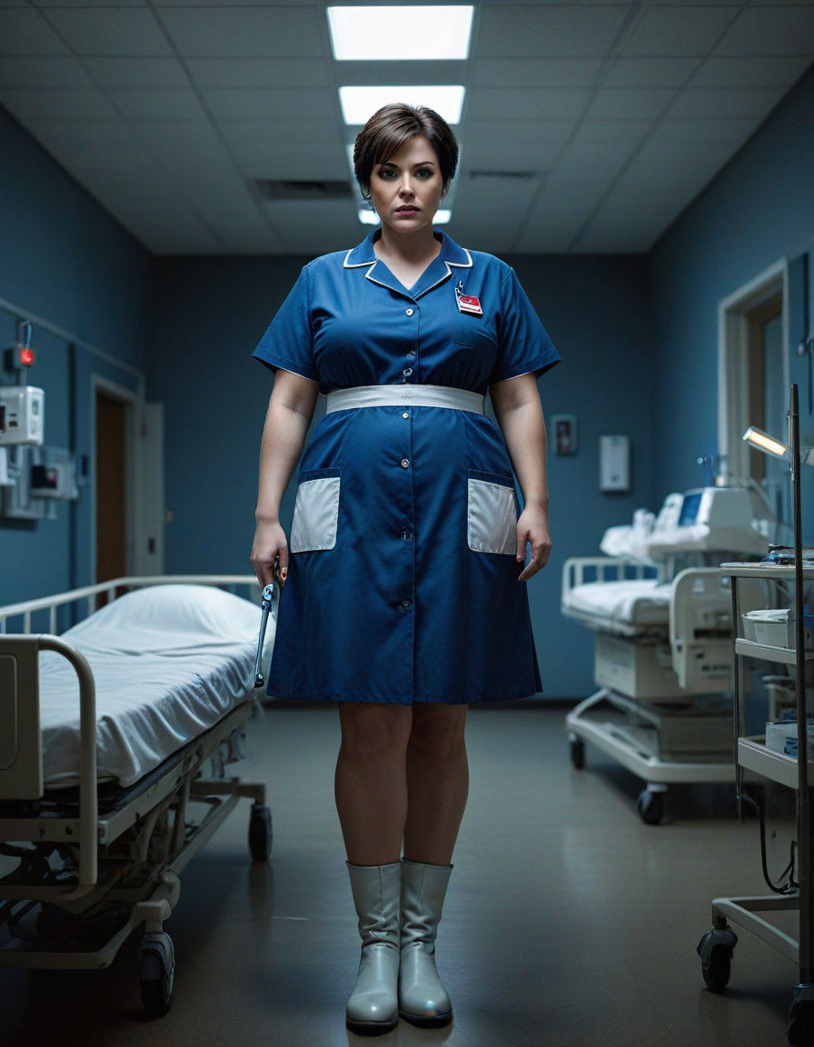 Mysterious Woman in Dark Hospital, Gazing Out with a Sense o...