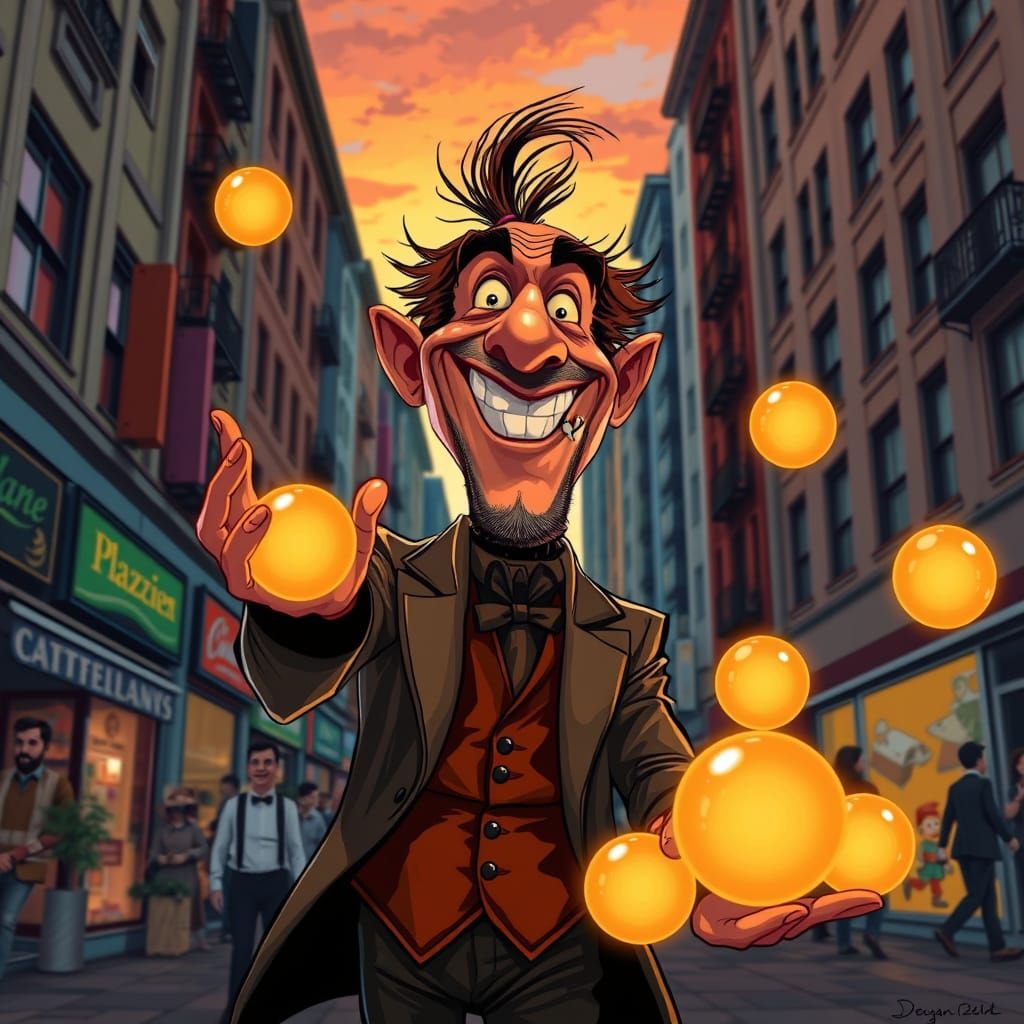 Caricature Street Performer Juggling Glowing Orbs