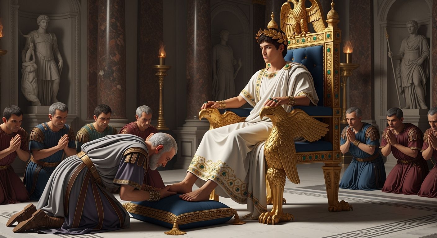 Emperor Nero on Jeweled Throne in Opulent Palace