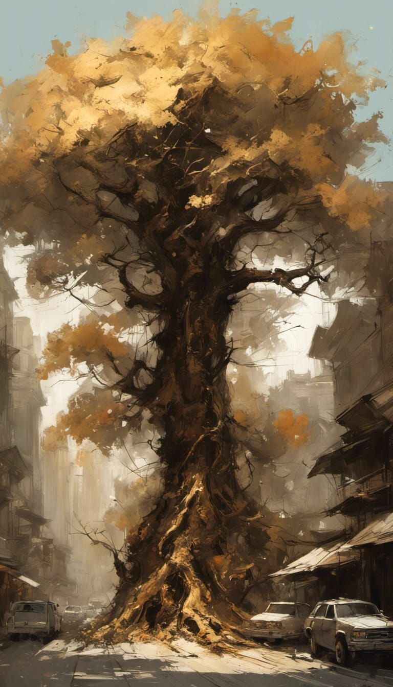 Mechanical Tree Growing From Sidewalk: Digital Matte Paintin...