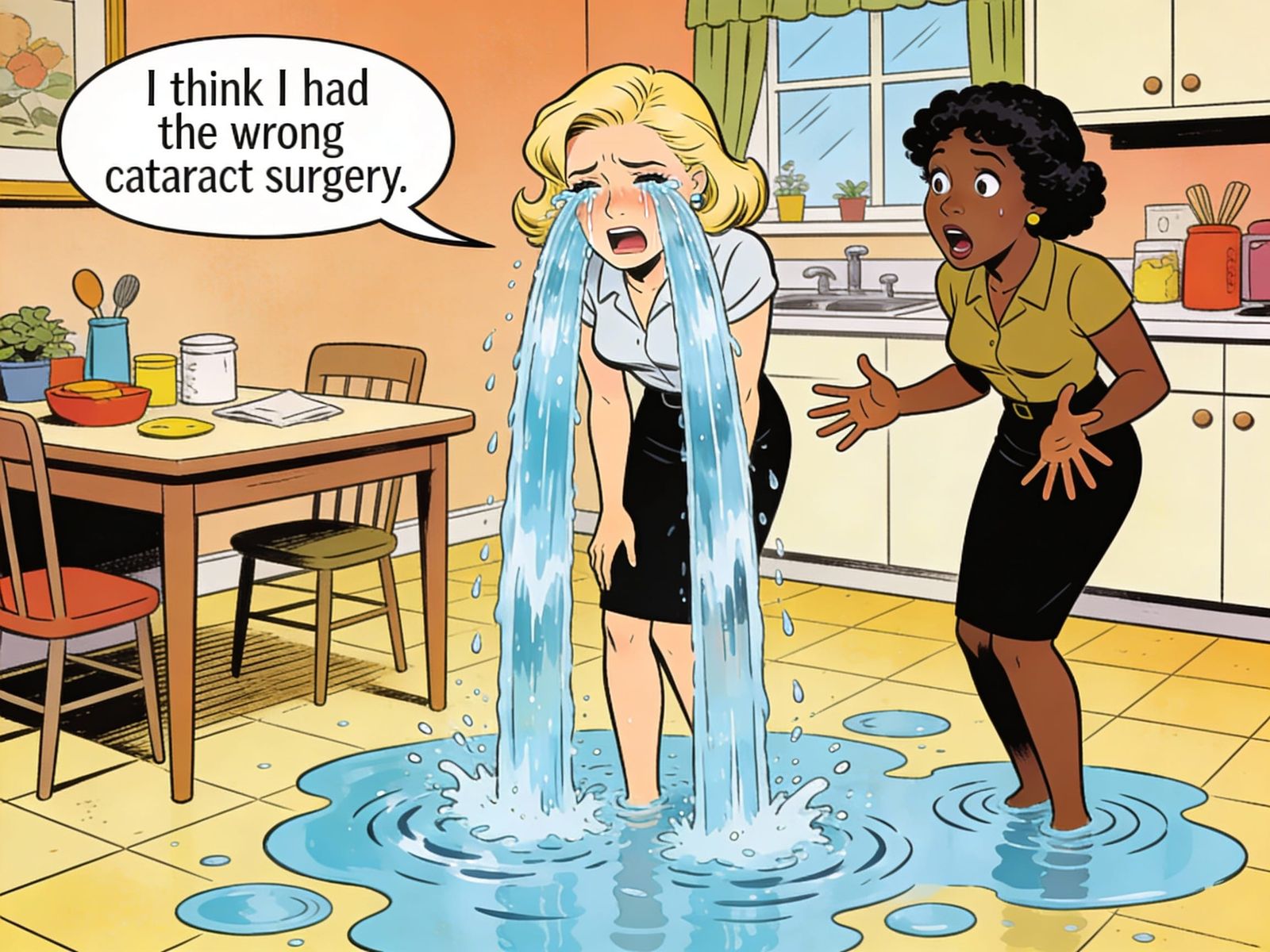 Absurd Kitchen Scene: Waterfall Eyes in Cartoon Style