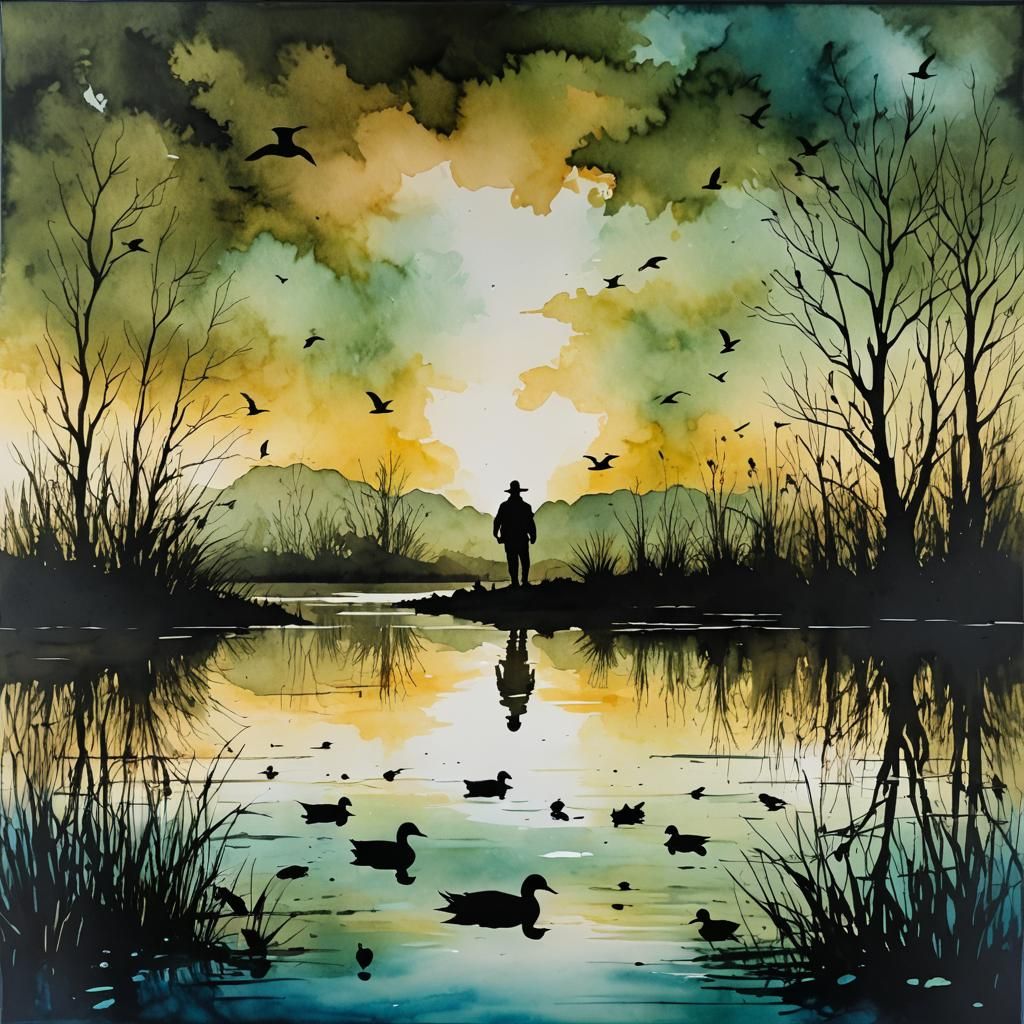 Silhouetted Figure Amidst Reflections in a Tranquil Water Sc...