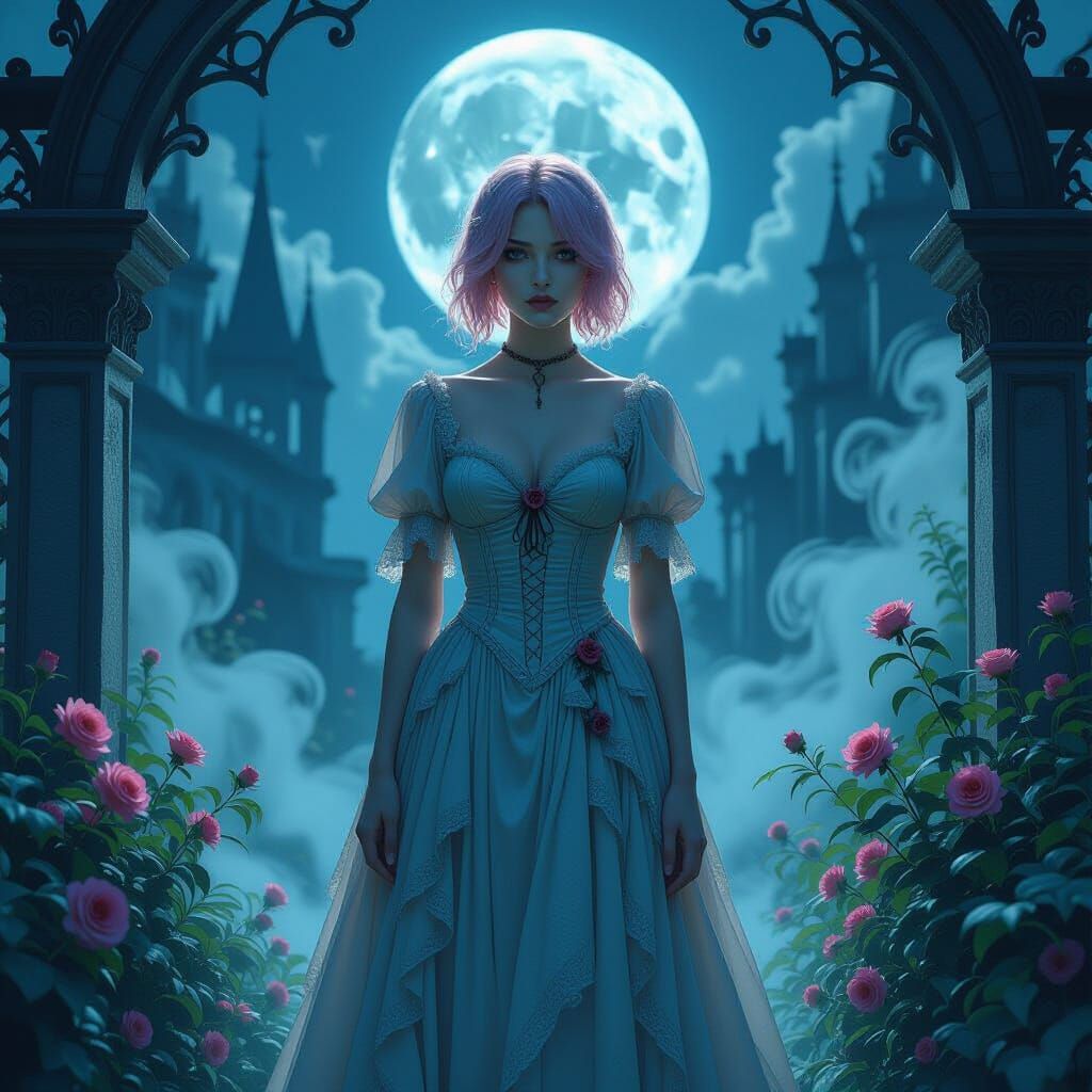 Ethereal Porcelain Woman in Gothic Garden