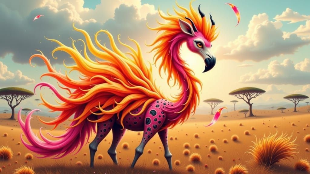 Fantastical Fire-Flamingo-Giraffe Hybrid in Expressive Style