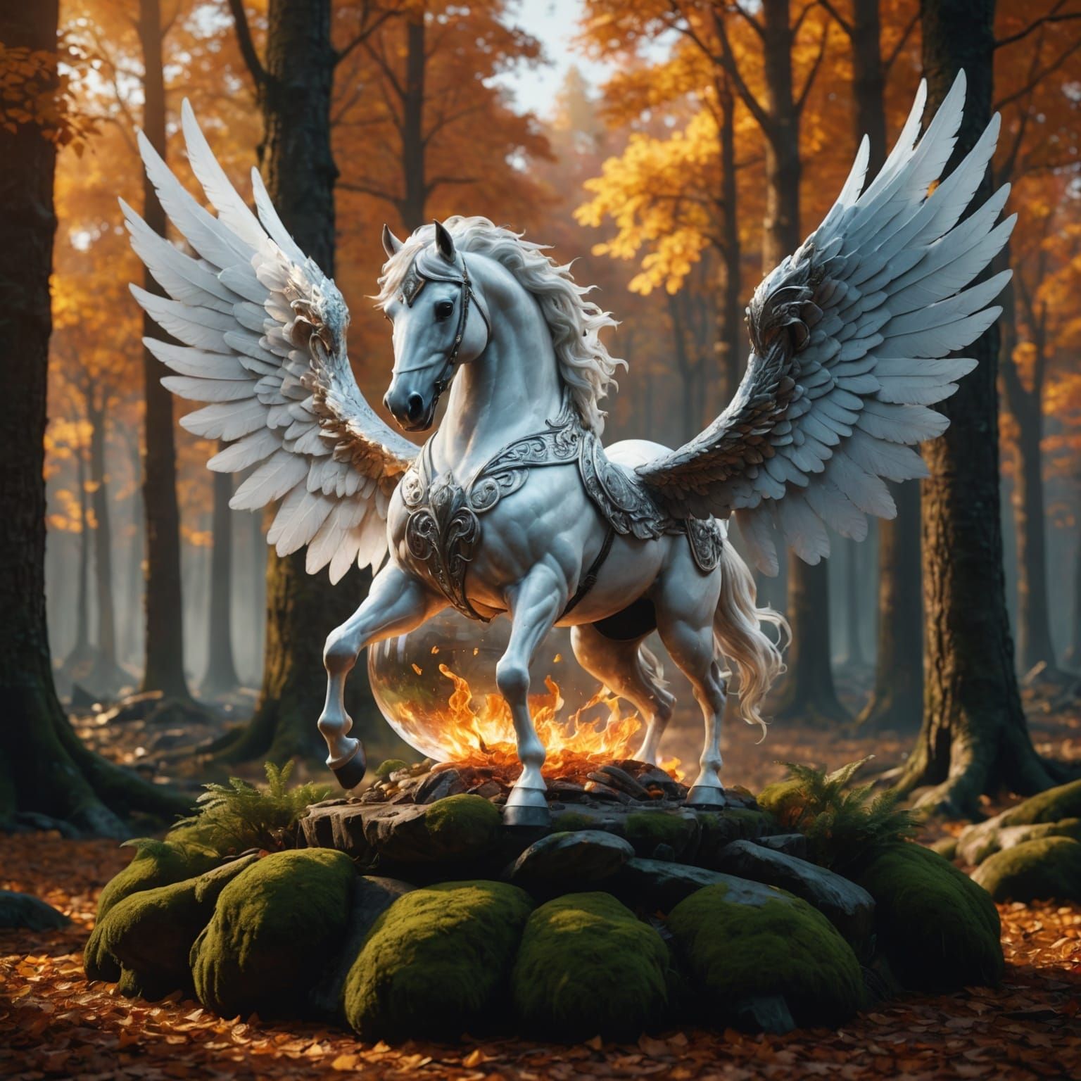Fiery Winged Horse in Enchanted Forest Holding Crystal Ball
