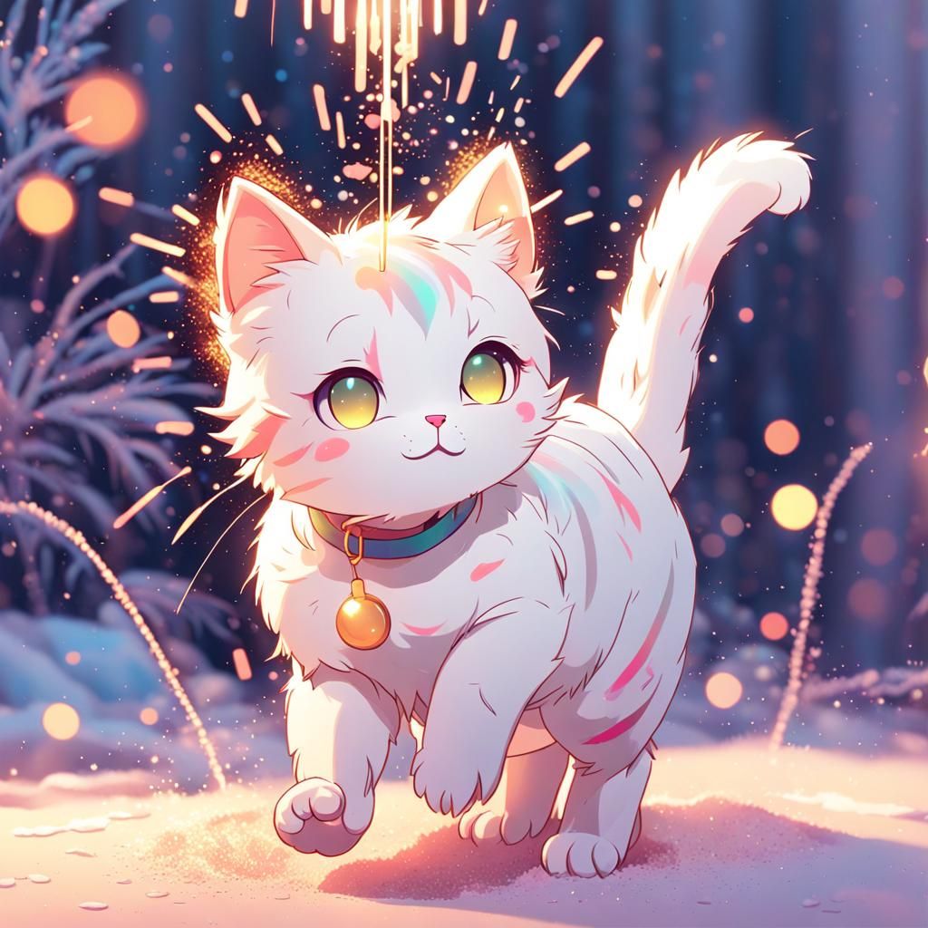 Glitchcore Cat Celebrates New Year with Light Effects