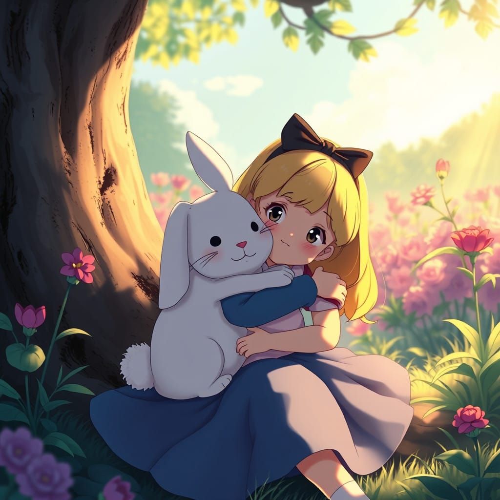 A Young Alice Hugs a Gentle White Rabbit in a Dreamlike Scen...
