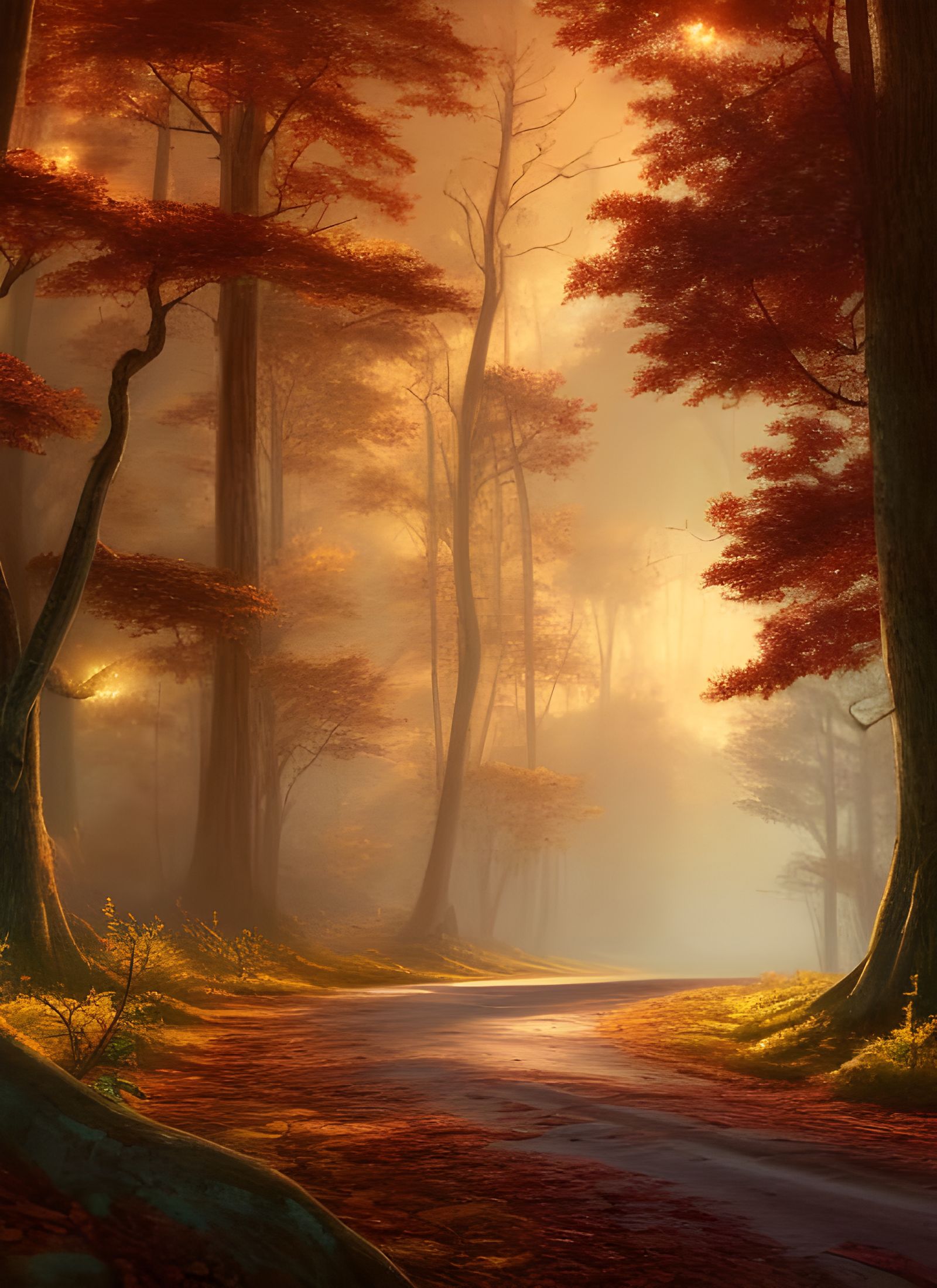 Detailed Autumn Forest Landscape at Sunrise