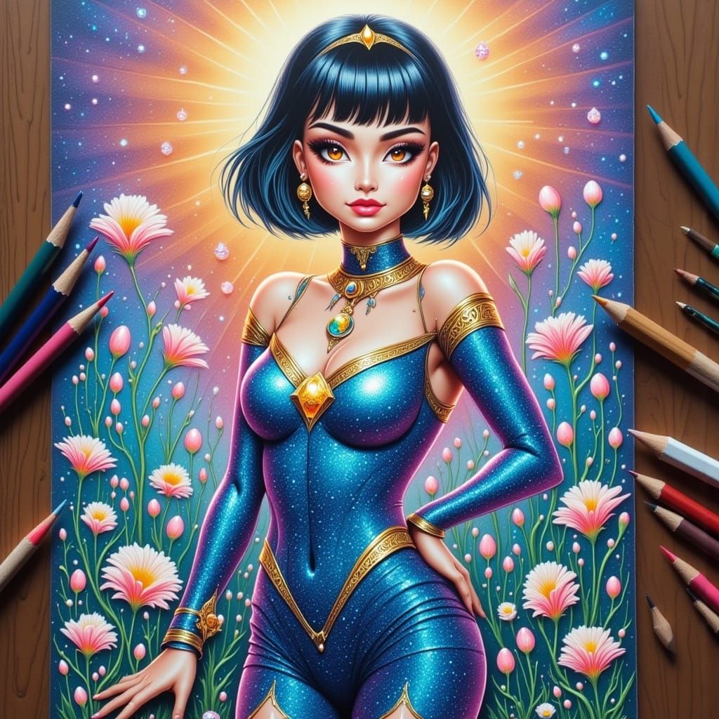 Tulpa Muse as Pinup in Colored Pencil Illustration