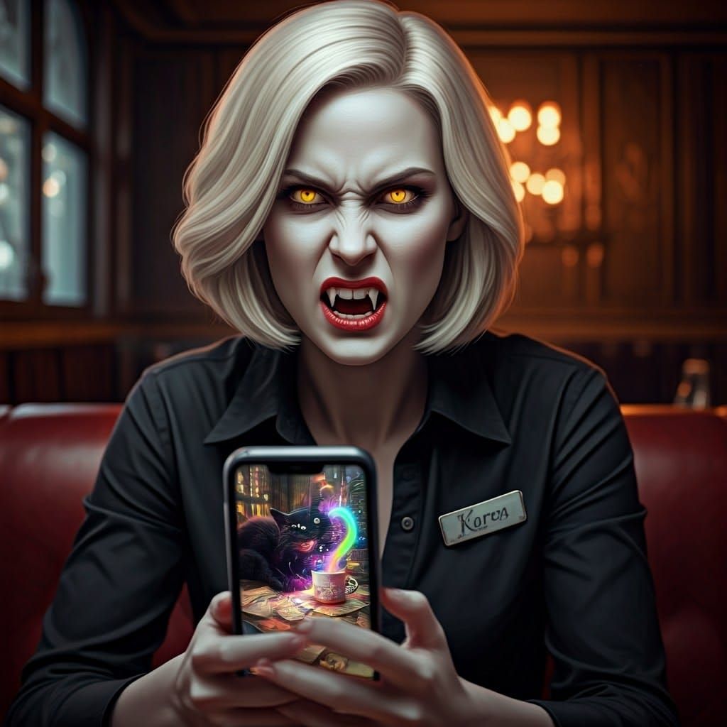 Vampire Karen in a Dark Coffee Shop