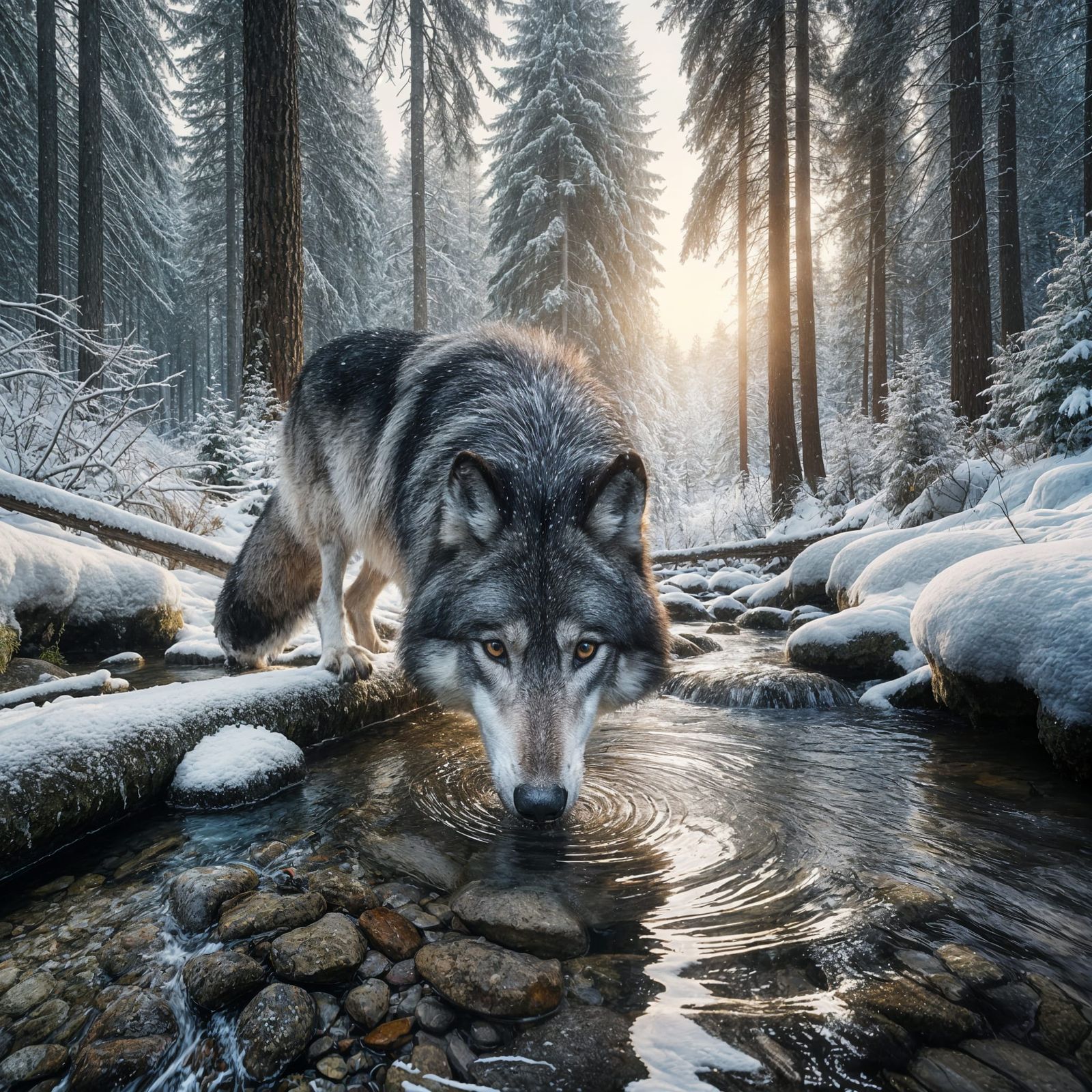 Wolf Drinks From Snowy Forest Stream at Sunset
