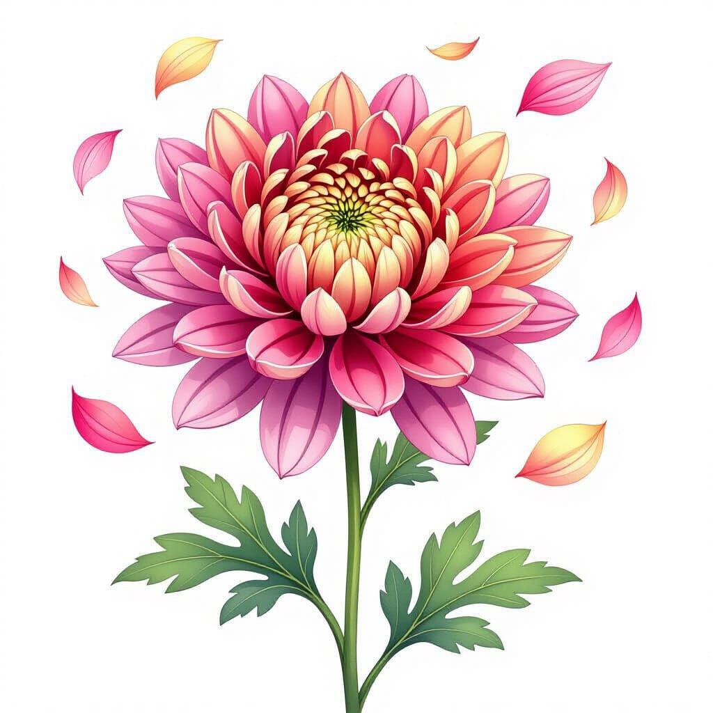 Watercolor Chrysanthemum with Flying Petals