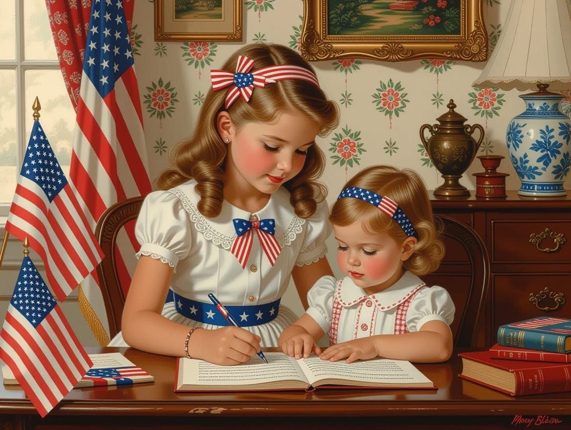Patriotic Girl Helping with Homework in Pin-Up Style