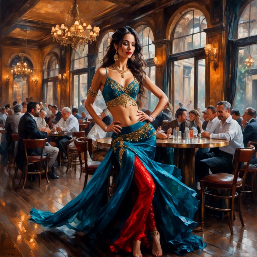Opulent Belly Dancer on Stage, Oil Painting Style