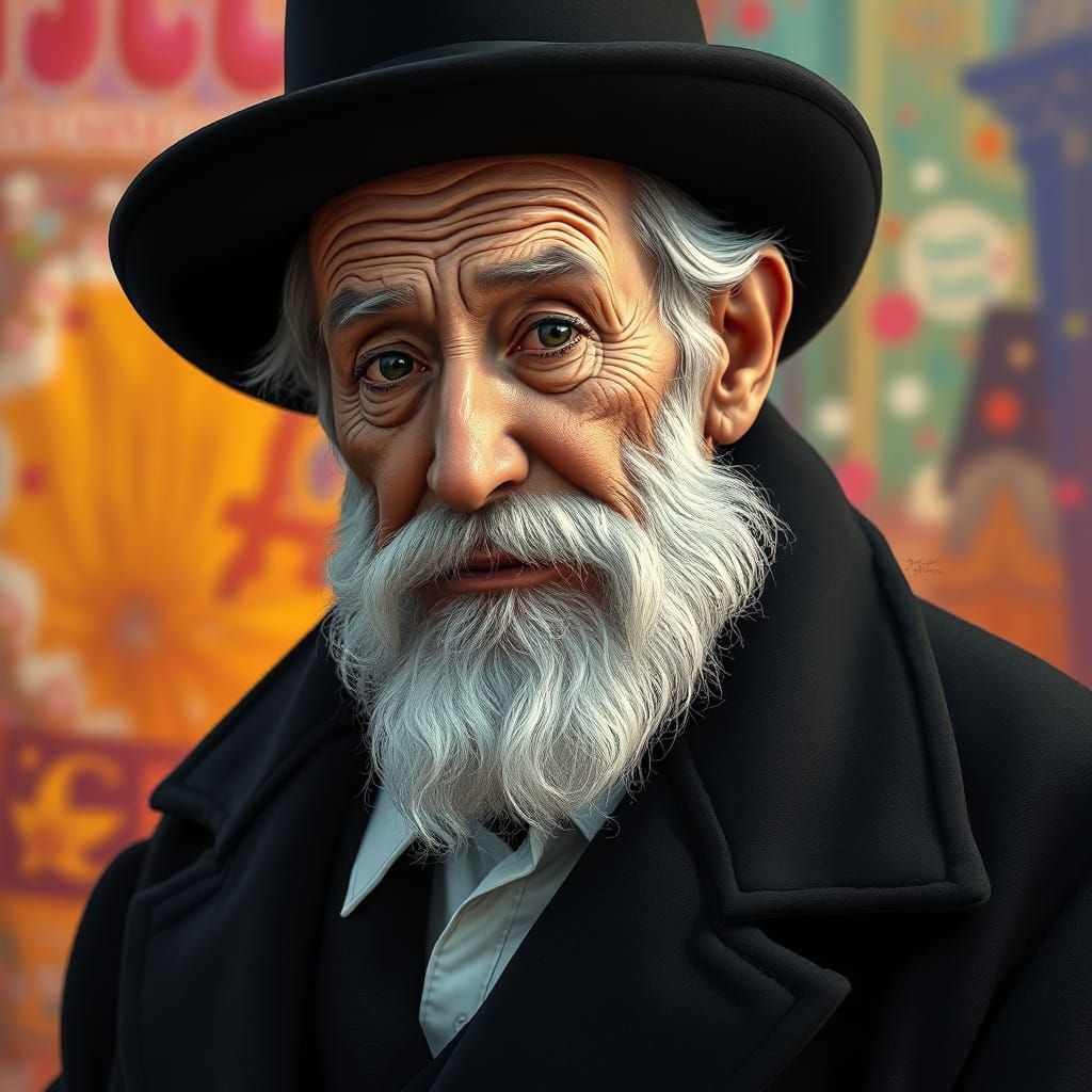 Kind Elderly Haredi Jew in Hyperrealistic Splash Art