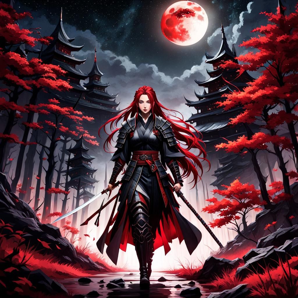 Female samurai warrior, with long dark red hair, in dark fantasy light armour.