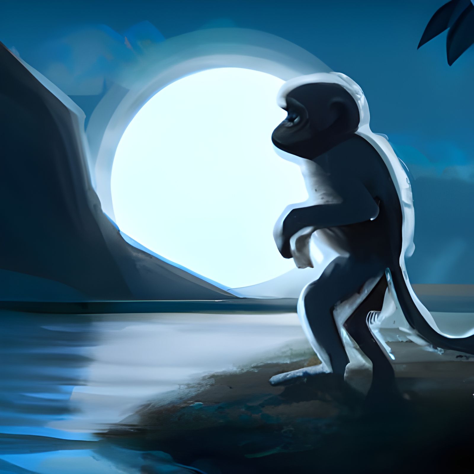 Monkey by lake at moonlight