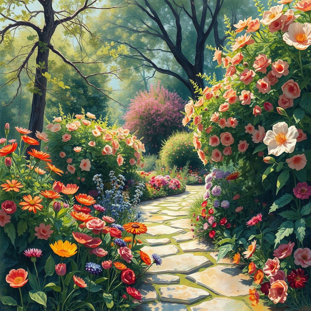 Epic Impressionist Garden Scene in Gouache Style