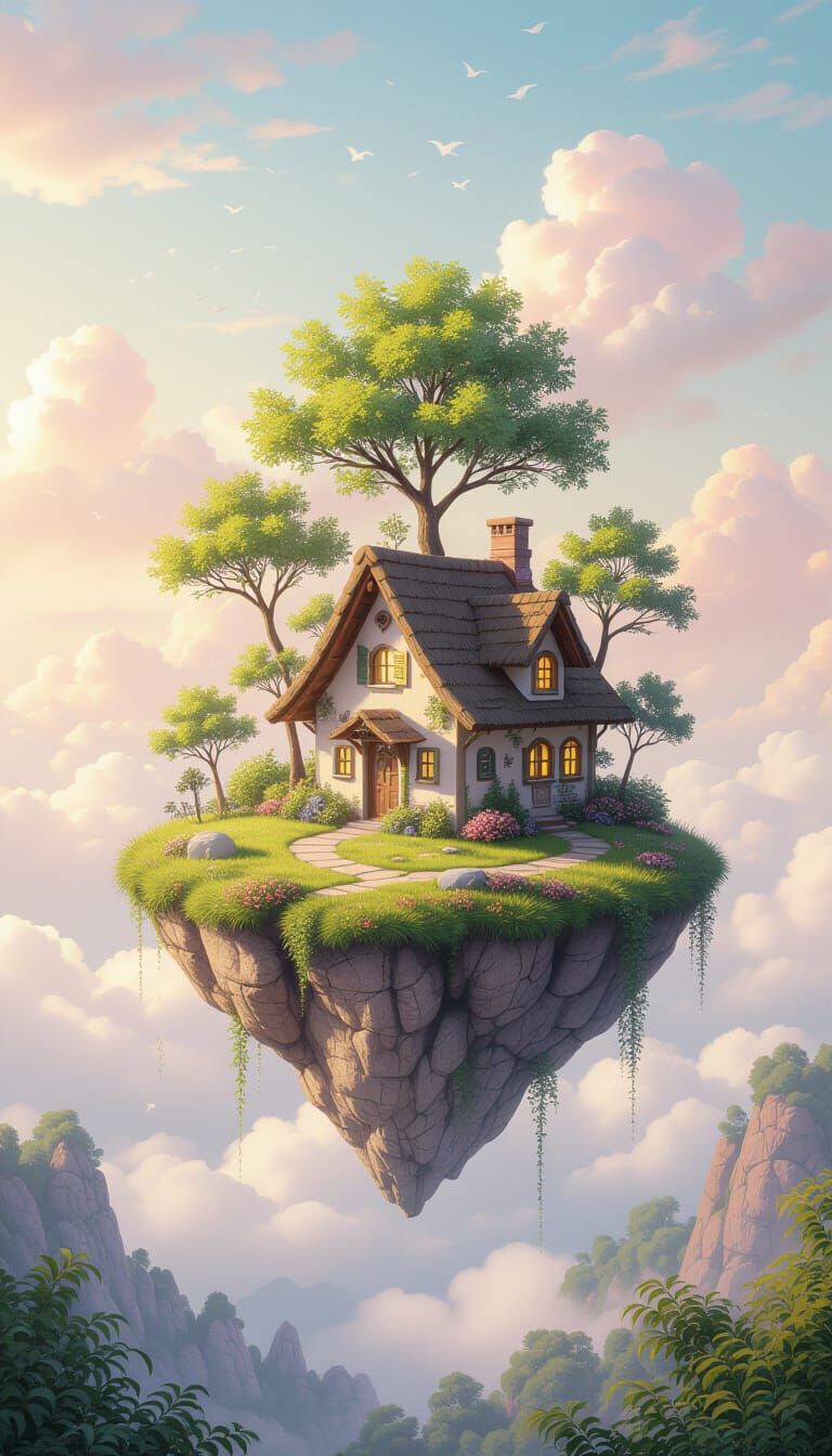 Serene Floating Island in Soft Pastel Sky