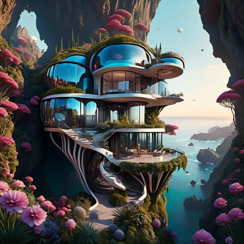 Futuristic Eco-Friendly Home on Cliff with Hanging Gardens