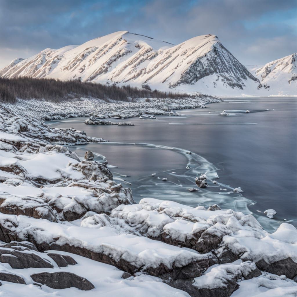 Winter Tundra Coastline: Frozen Arctic Landscape