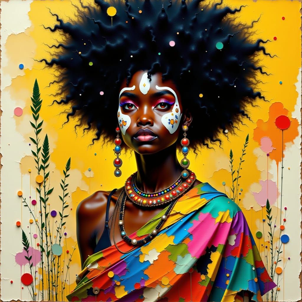 Confident Woman with Afro, Vibrant Colors, Digital Art