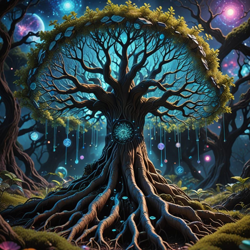 Bioluminescent Tree Roots in Cosmic Void, Psychedelic Energy