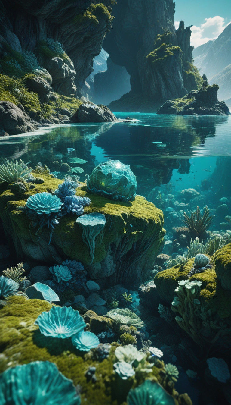 Surreal Oil Painting of Vibrant Underwater Mountains