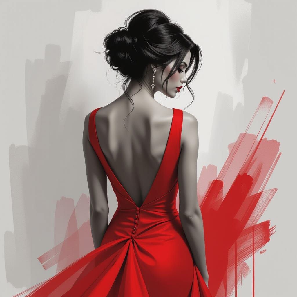 A charcoal and red paint sketch of a figure in a red backles...