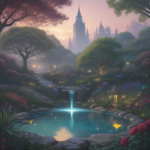 Whimsical Valentine's Day Fantasy Scene in Dreamlike Garden