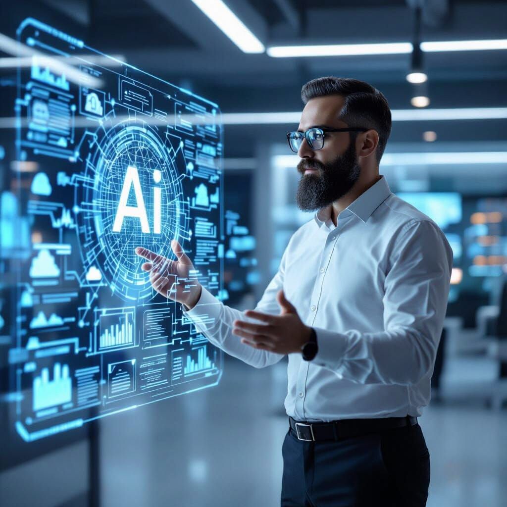 IT Professional Presenting AI on Holographic Display