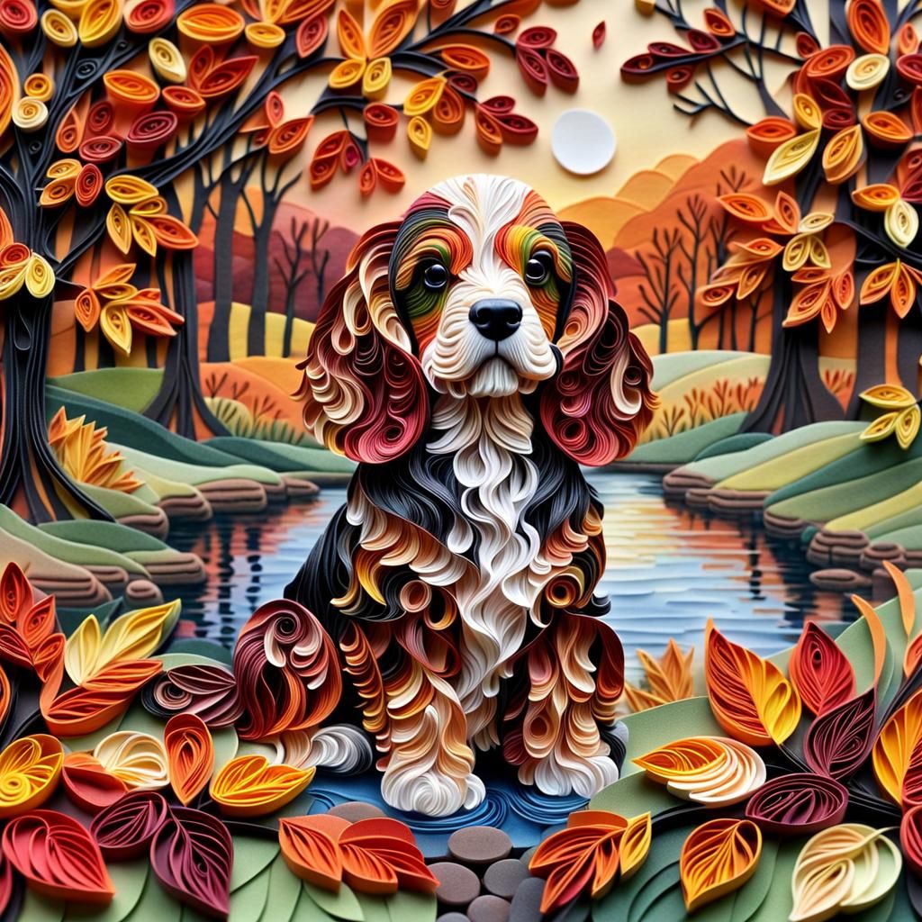 Cocker Spaniel in Quilled Autumn Landscape