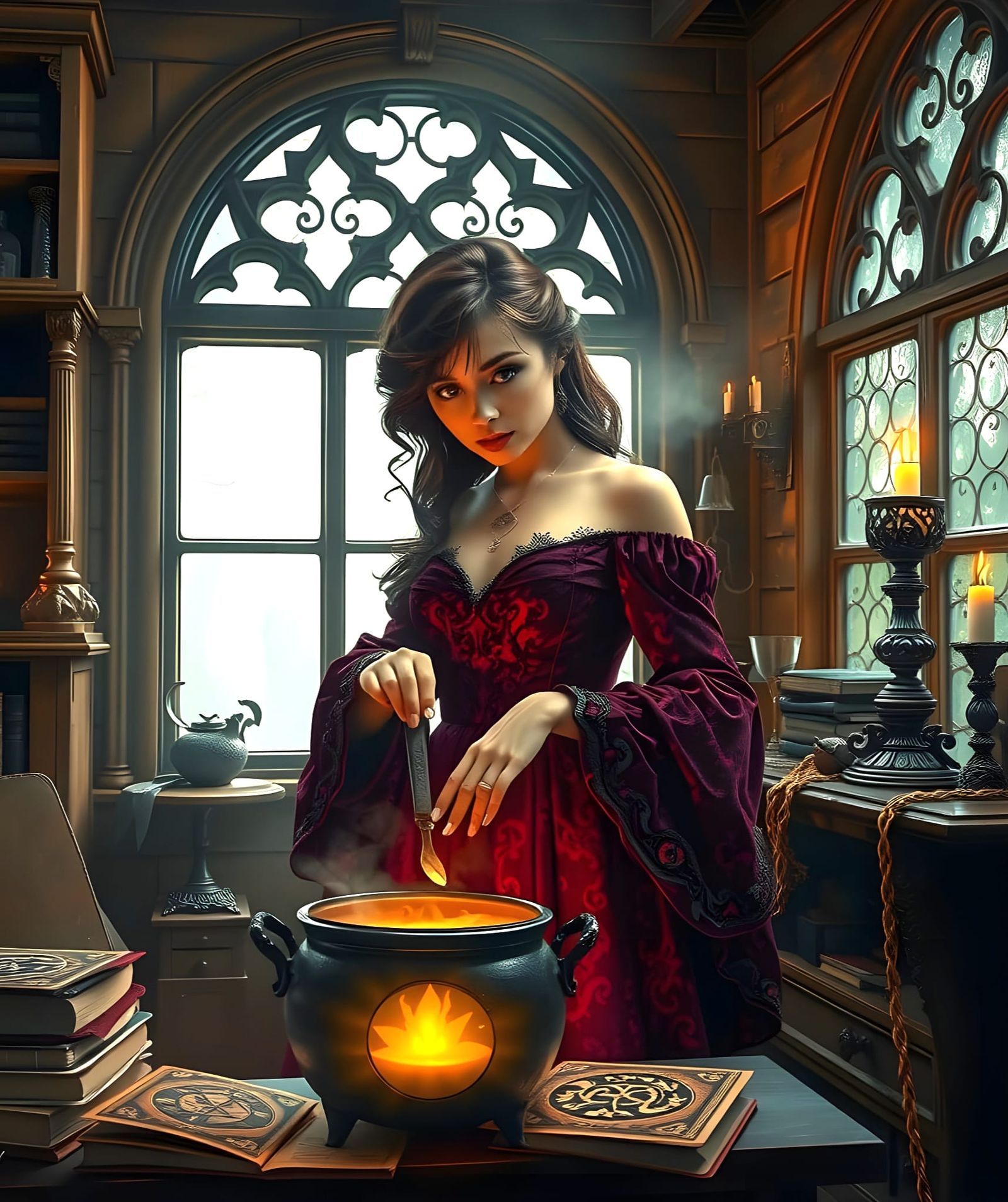 Ethereal Woman in Velvet Gown amidst Gothic Cottage